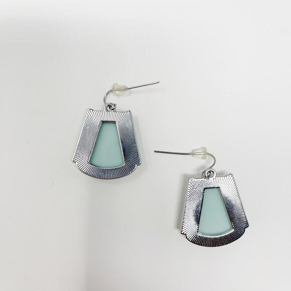 Pale Aqua Blue Geometric Drop Earrings Silver Tone Fashion Statement - Picture 4 of 5